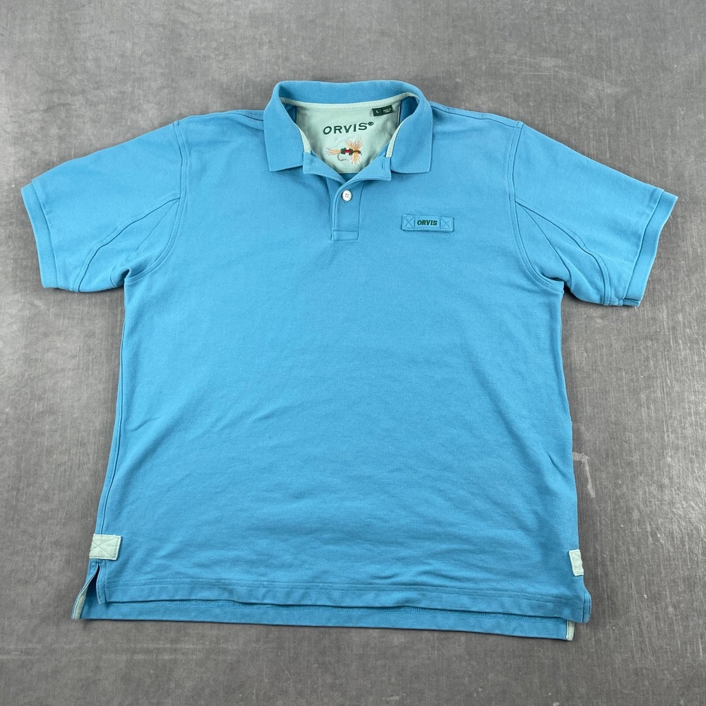 Orvis Mens L Blue Polo Shirt Short Sleeve Cotton Pique Logo Patch 3B9Z